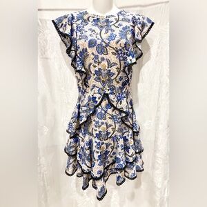 AMUR Ivory / Blue Print Ruffle Dress 6 $398 Sustainable Eco Brand